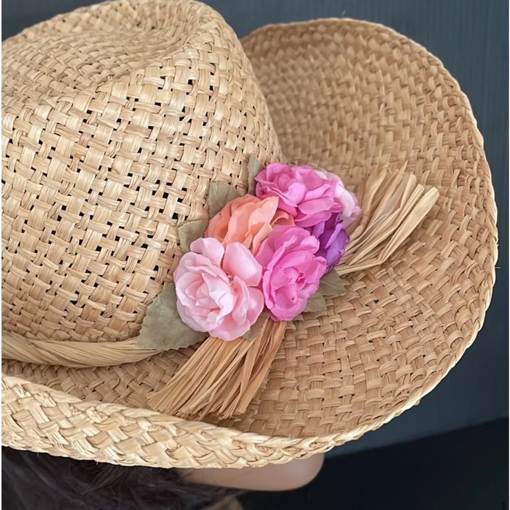 Natural Straw Western Brim Hat with Flowers